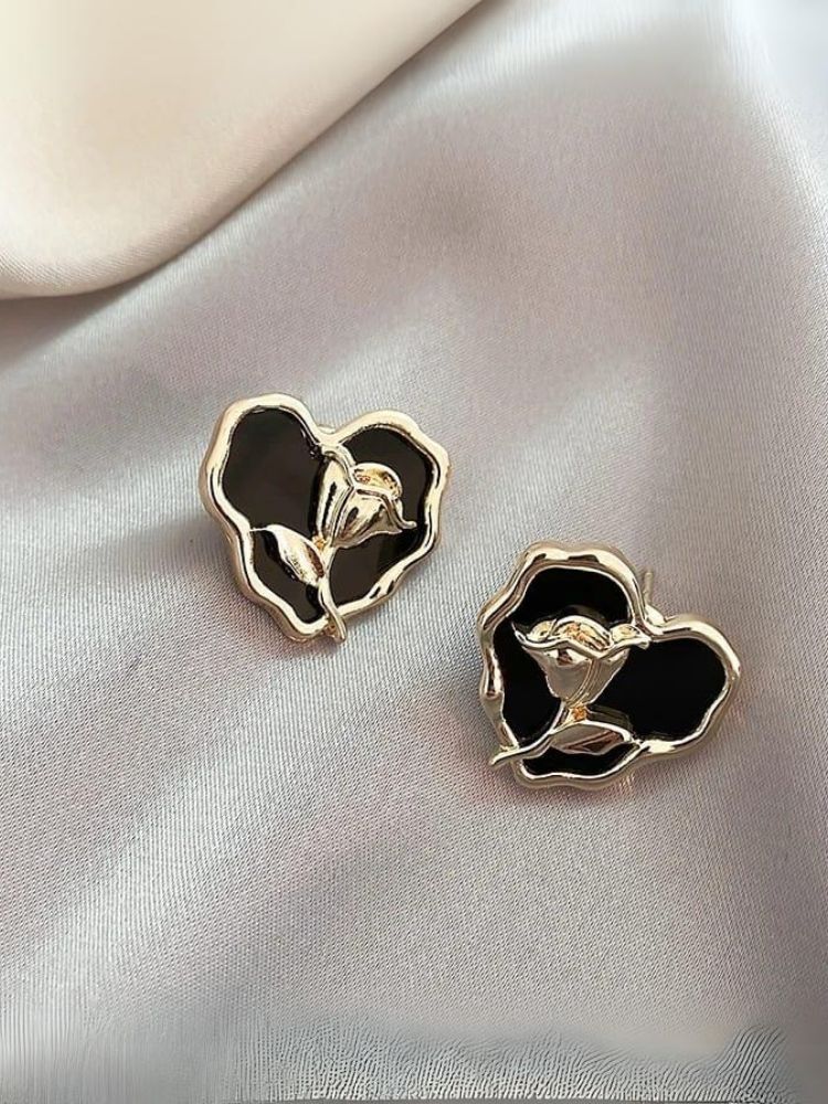 Black Rose Heart Studs