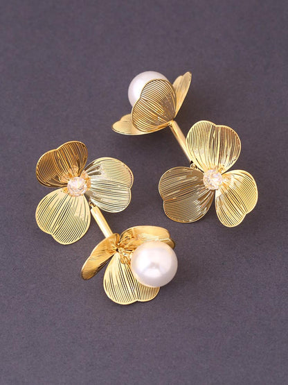 Golden Pearls Floral Danglers