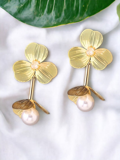 Golden Pearls Floral Danglers