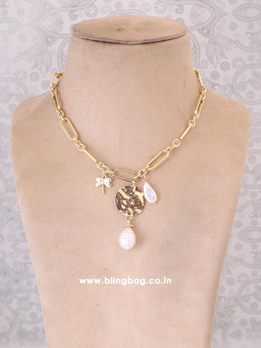 Golden Pearl Butterfly Necklace