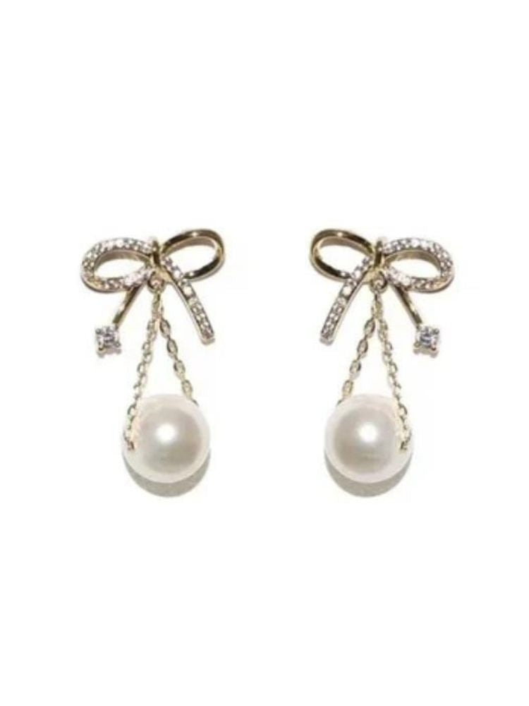 Golden Bowknot Pearl Danglers