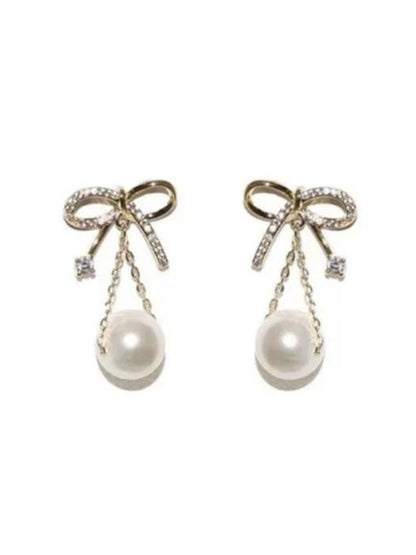 Golden Bowknot Pearl Danglers