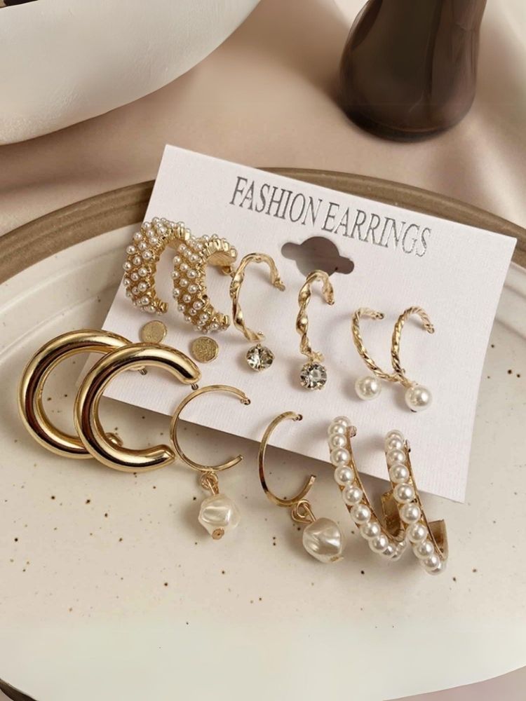 Golden Pearly Hoops - Combo of 9