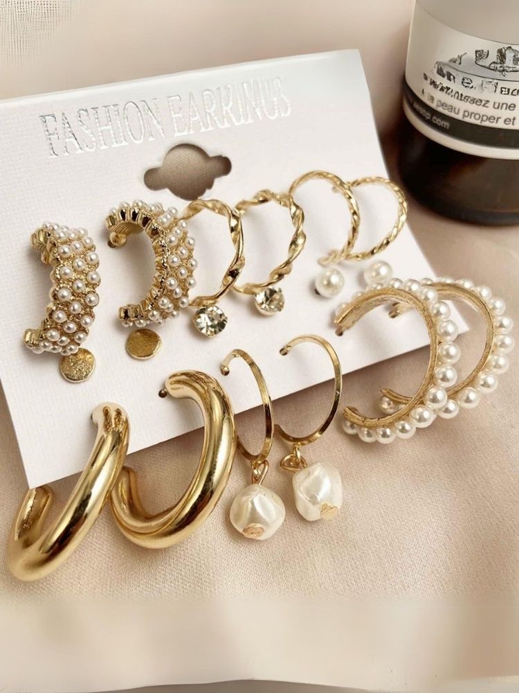 Golden Pearly Hoops - Combo of 9