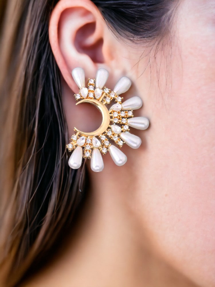 Golden Pearls Moon Shape Studs