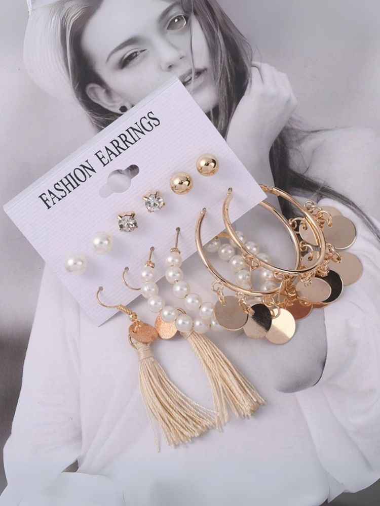 Golden Tassel Pearls Earrings - Combo of 6