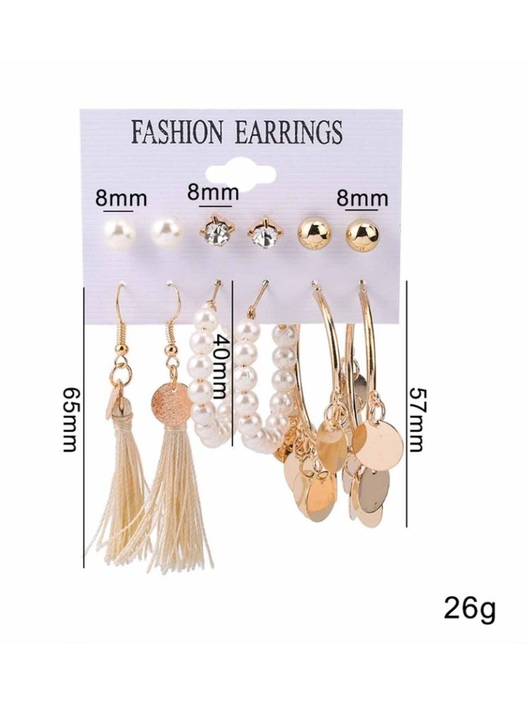 Golden Tassel Pearls Earrings - Combo of 6