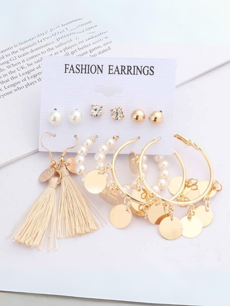 Golden Tassel Pearls Earrings - Combo of 6