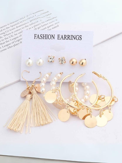 Golden Tassel Pearls Earrings - Combo of 6