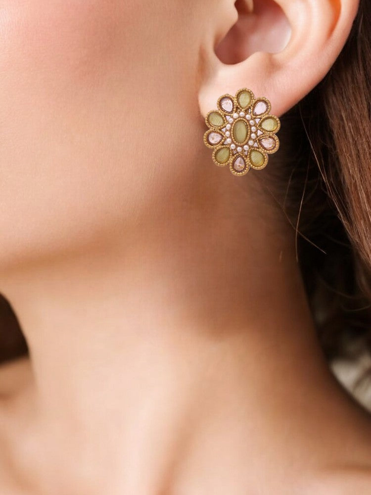 Green Floral Studs