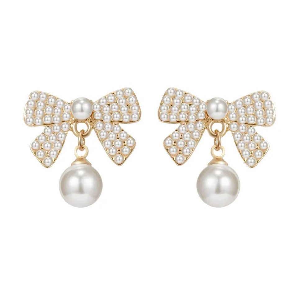 White Bow Pearl Danglers