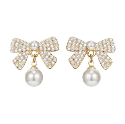 White Bow Pearl Danglers